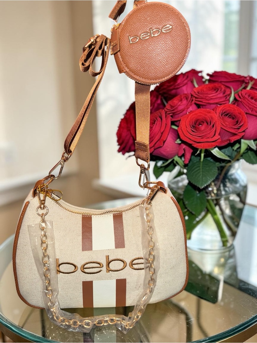 2fer BEBE Original Packaging Caramel "Paisley" Canvas Crossbody with Coin Purse